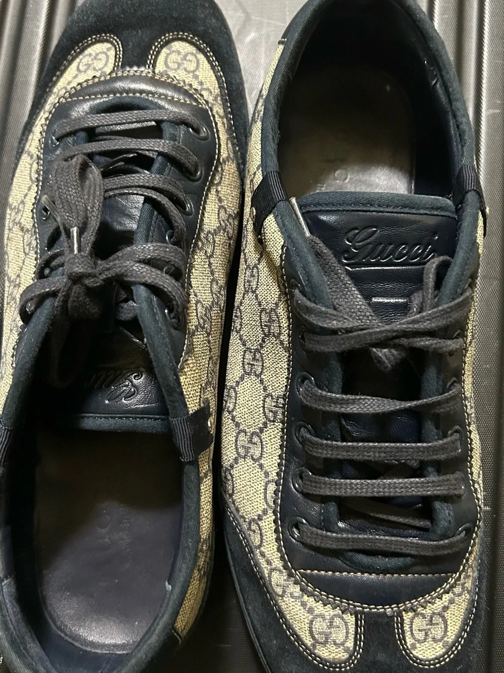 Gucci Beige Monogram & Navy Low-Top Sneakers